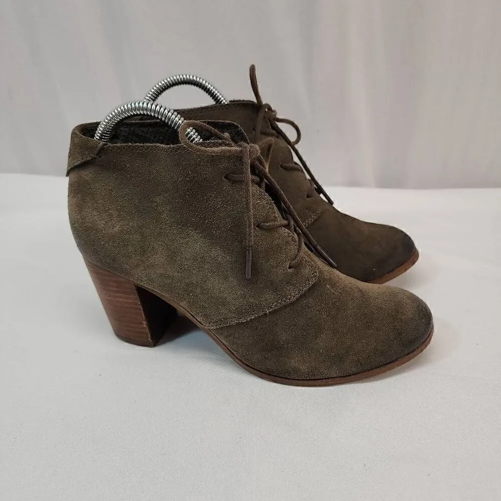 Toms Size 9 Lunata Tarmac Gray Suede Lace-Up Distressed High Heel Boots shoes Wo